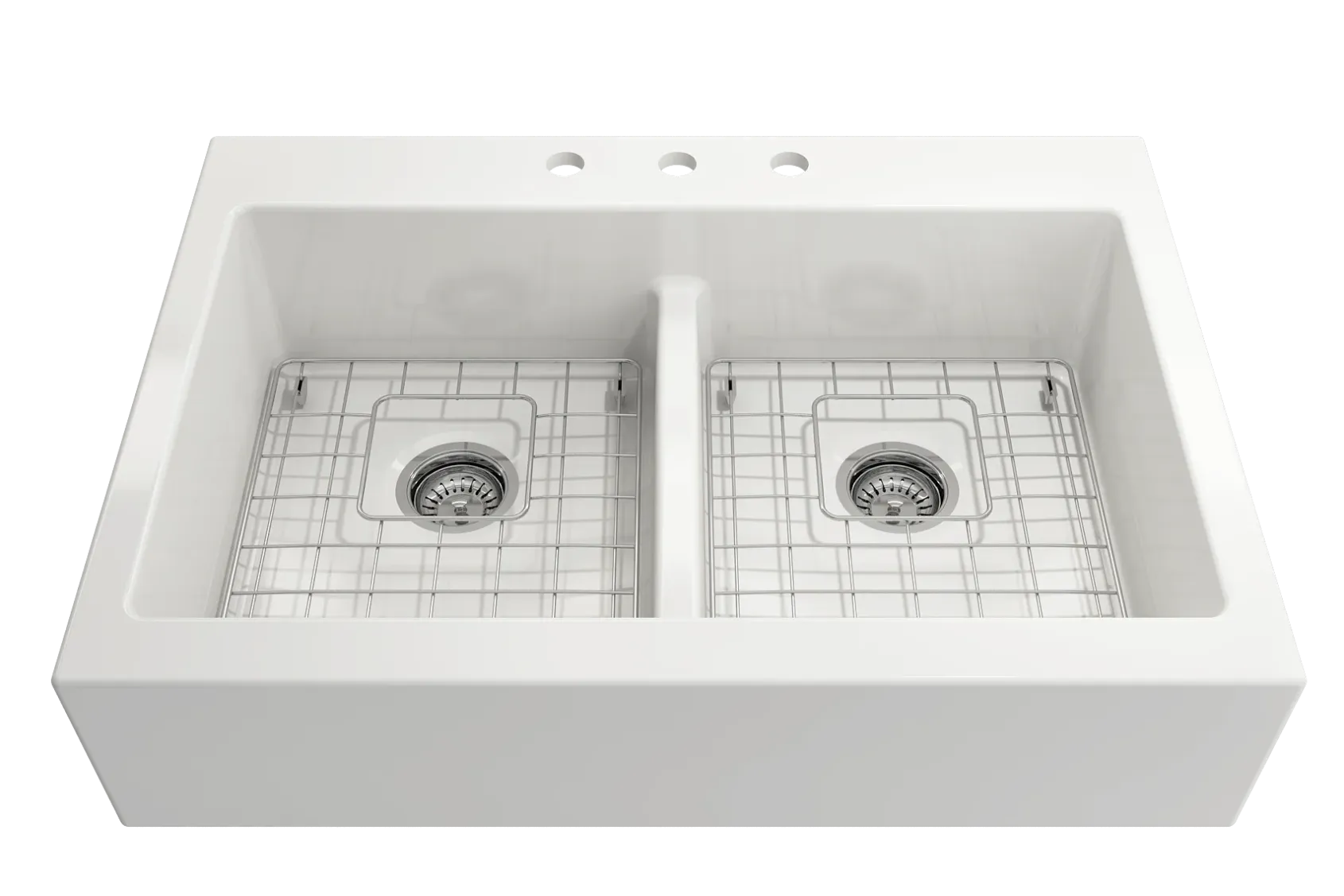 BOCCHI Nuova 34" Fireclay Retrofit Drop-In Farmhouse Sink with Accessories, 50/50 Double Bowl, White, 1501-001-0127