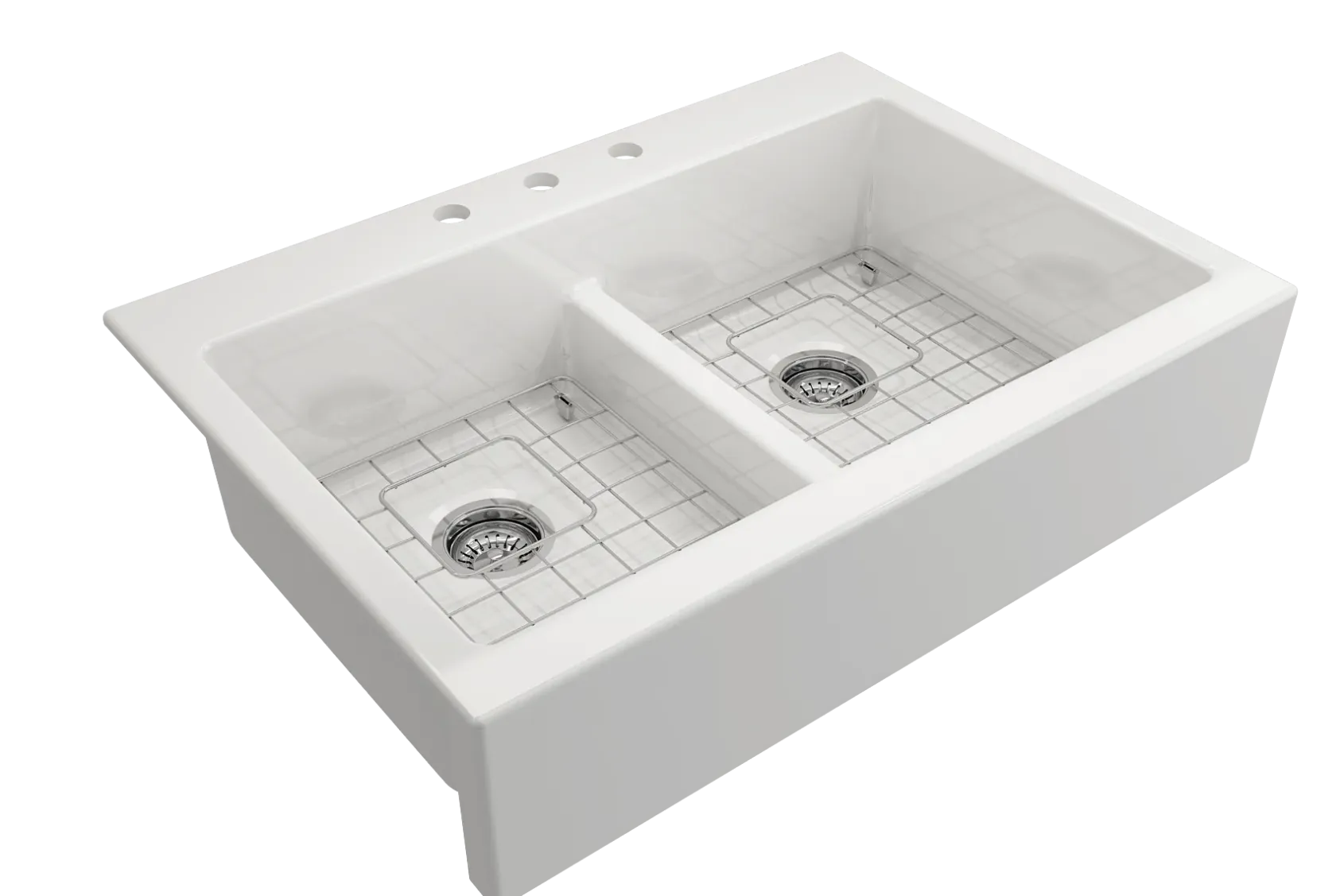 BOCCHI Nuova 34" Fireclay Retrofit Drop-In Farmhouse Sink with Accessories, 50/50 Double Bowl, White, 1501-001-0127