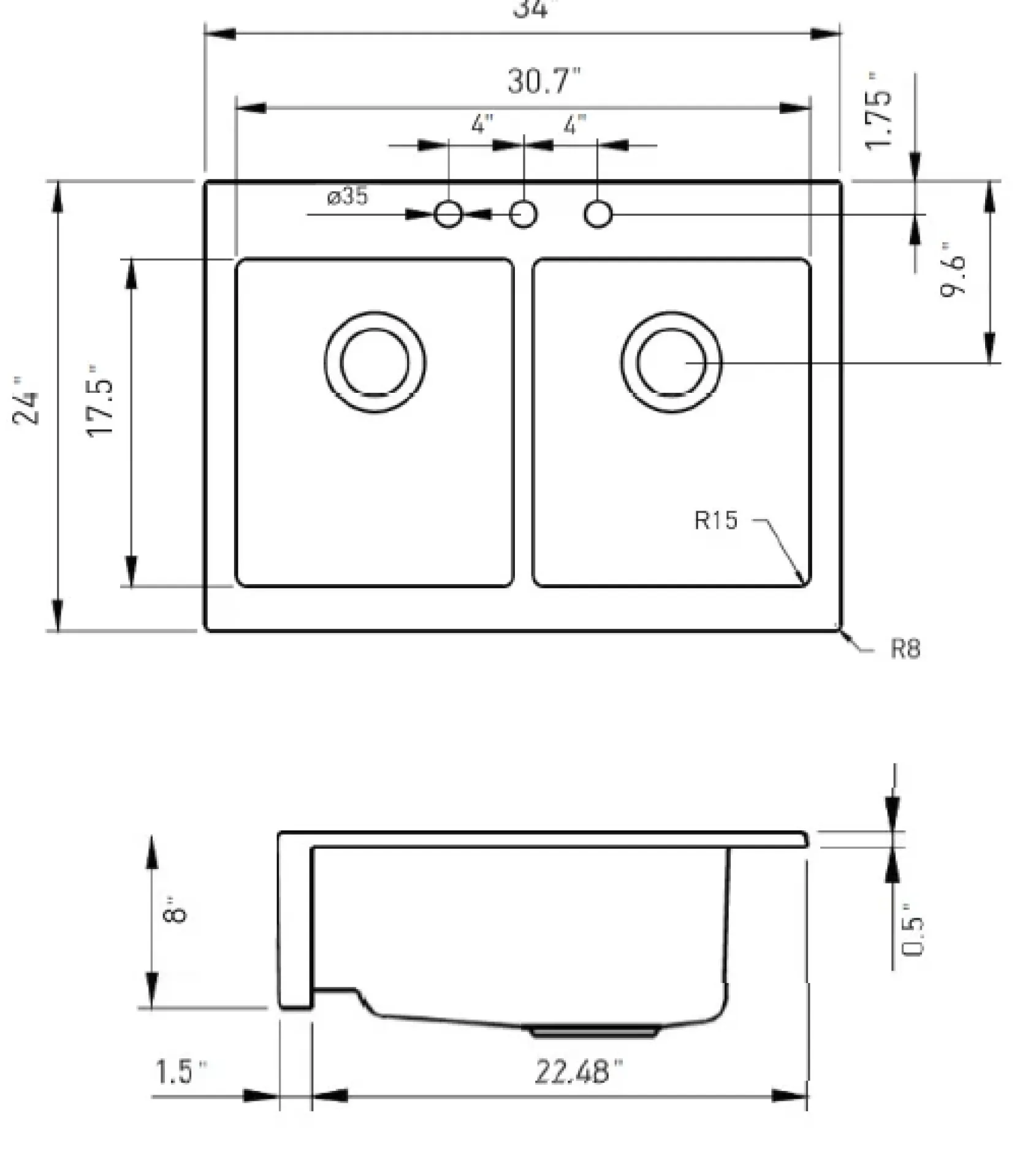 BOCCHI Nuova 34" Fireclay Retrofit Drop-In Farmhouse Sink with Accessories, 50/50 Double Bowl, White, 1501-001-0127