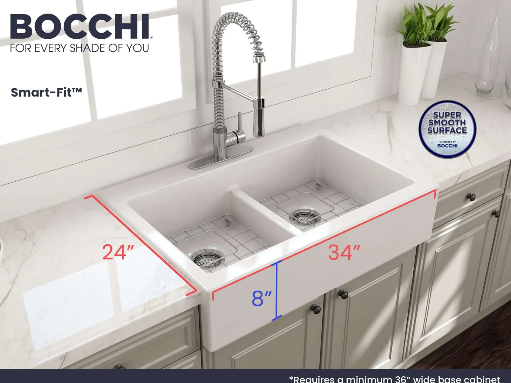 BOCCHI Nuova 34" Fireclay Retrofit Drop-In Farmhouse Sink with Accessories, 50/50 Double Bowl, White, 1501-001-0127