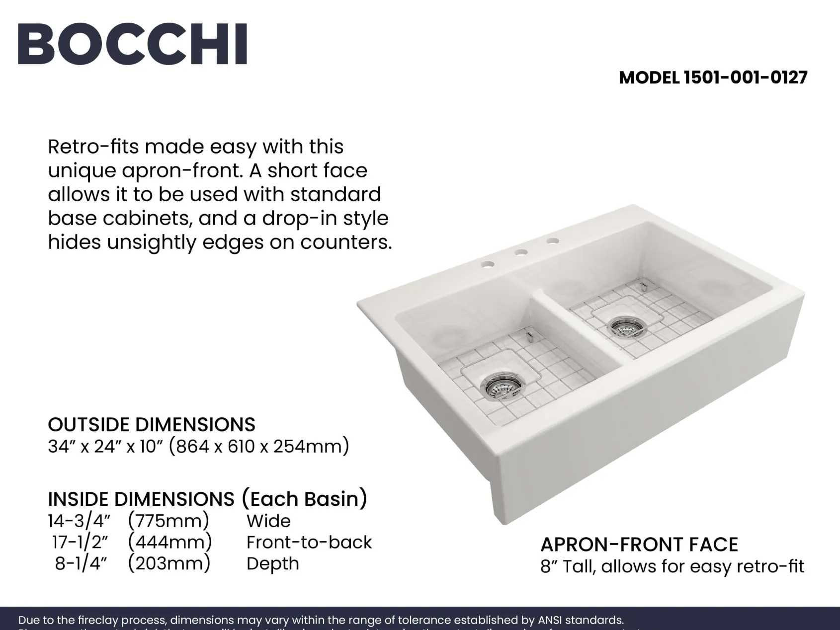 BOCCHI Nuova 34" Fireclay Retrofit Drop-In Farmhouse Sink with Accessories, 50/50 Double Bowl, White, 1501-001-0127
