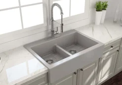 BOCCHI Nuova 34" Fireclay Retrofit Drop-In Farmhouse Sink with Accessories, 50/50 Double Bowl, Matte Gray, 1501-006-0127