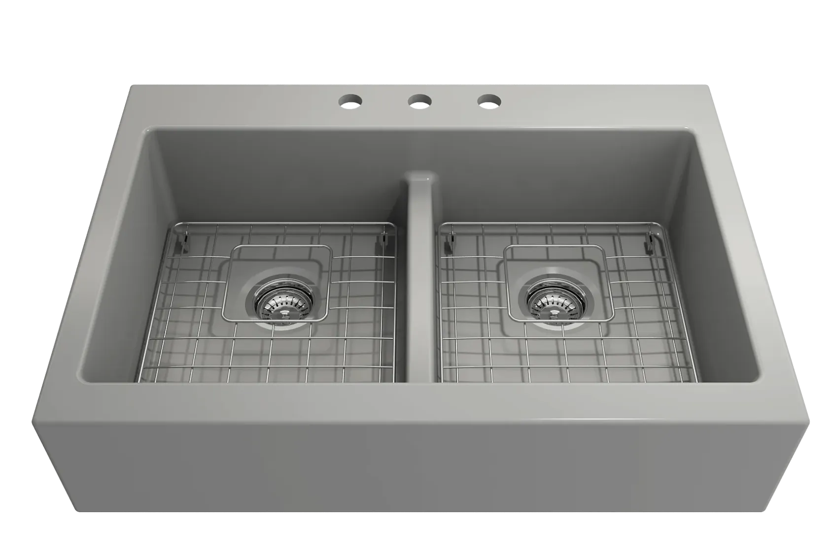 BOCCHI Nuova 34" Fireclay Retrofit Drop-In Farmhouse Sink with Accessories, 50/50 Double Bowl, Matte Gray, 1501-006-0127