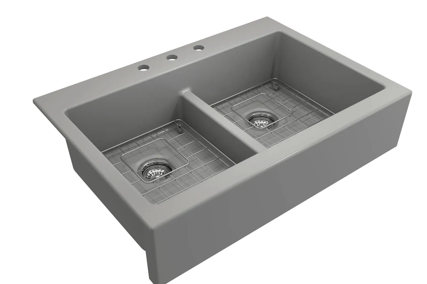 BOCCHI Nuova 34" Fireclay Retrofit Drop-In Farmhouse Sink with Accessories, 50/50 Double Bowl, Matte Gray, 1501-006-0127