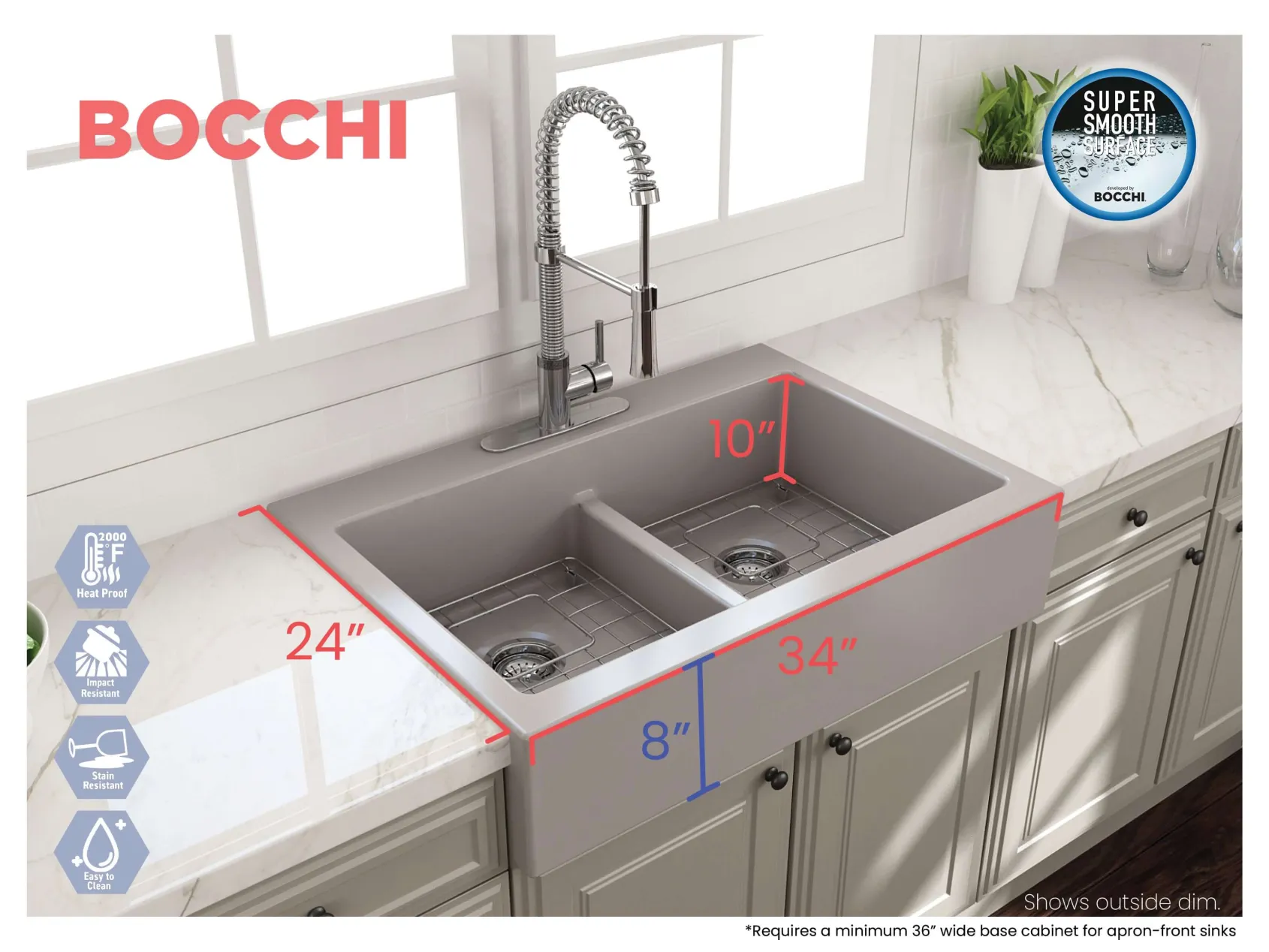 BOCCHI Nuova 34" Fireclay Retrofit Drop-In Farmhouse Sink with Accessories, 50/50 Double Bowl, Matte Gray, 1501-006-0127