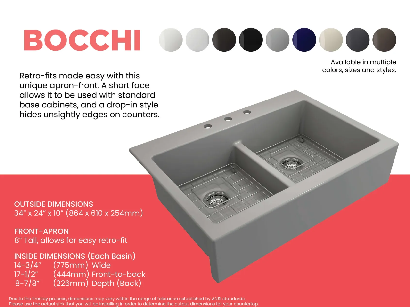 BOCCHI Nuova 34" Fireclay Retrofit Drop-In Farmhouse Sink with Accessories, 50/50 Double Bowl, Matte Gray, 1501-006-0127