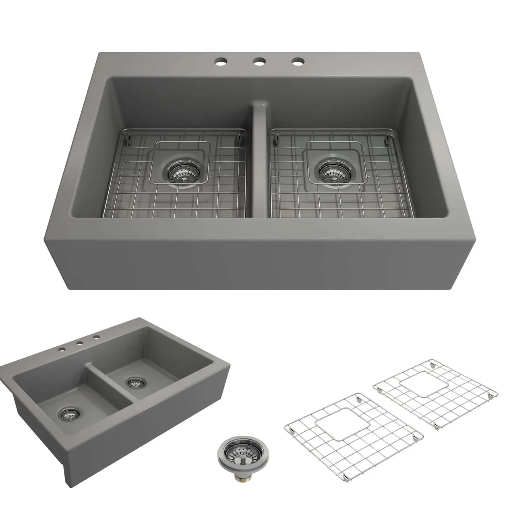BOCCHI Nuova 34" Fireclay Retrofit Drop-In Farmhouse Sink with Accessories, 50/50 Double Bowl, Matte Gray, 1501-006-0127