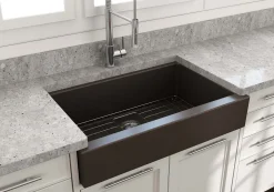 BOCCHI Nuova 34" Fireclay Retrofit Farmhouse Sink with Accessories, Matte Brown, 1551-025-0120