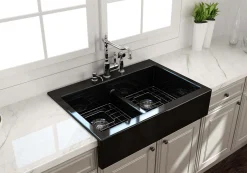 BOCCHI Nuova 34" Fireclay Retrofit Drop-In Farmhouse Sink with Accessories, 50/50 Double Bowl, Black, 1501-005-0127