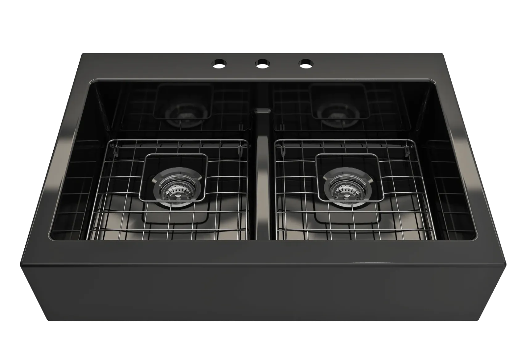 BOCCHI Nuova 34" Fireclay Retrofit Drop-In Farmhouse Sink with Accessories, 50/50 Double Bowl, Black, 1501-005-0127
