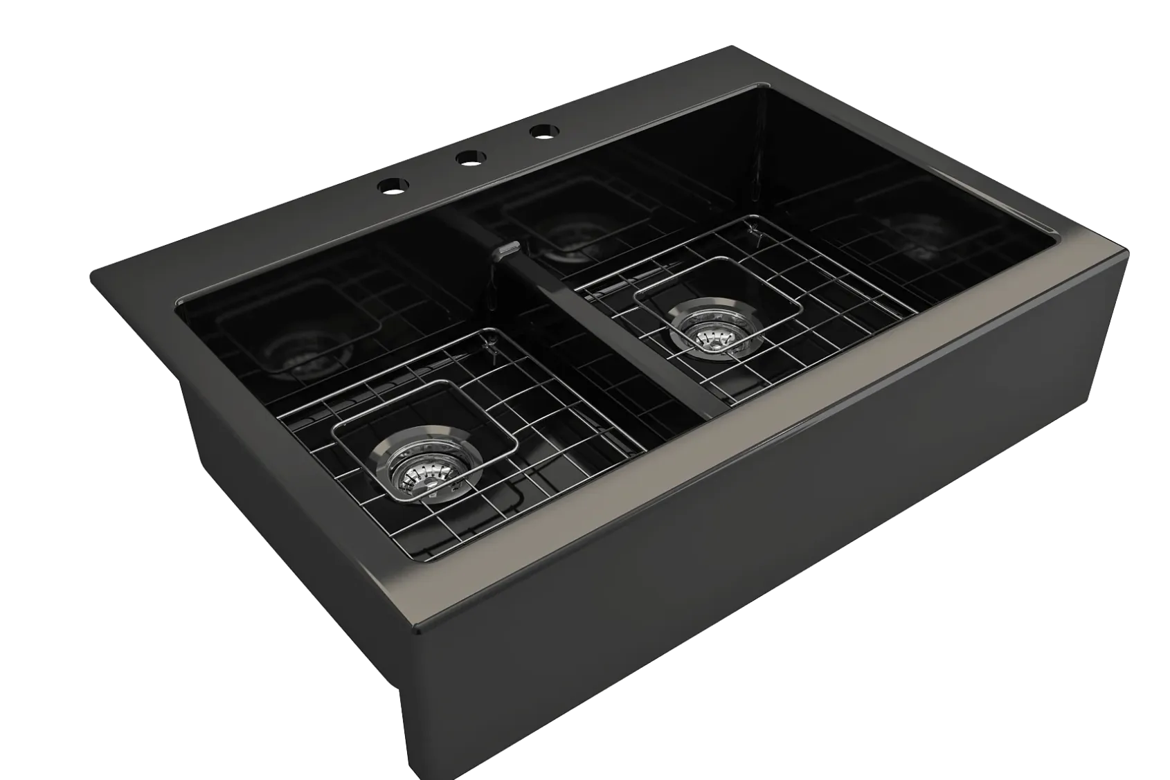 BOCCHI Nuova 34" Fireclay Retrofit Drop-In Farmhouse Sink with Accessories, 50/50 Double Bowl, Black, 1501-005-0127