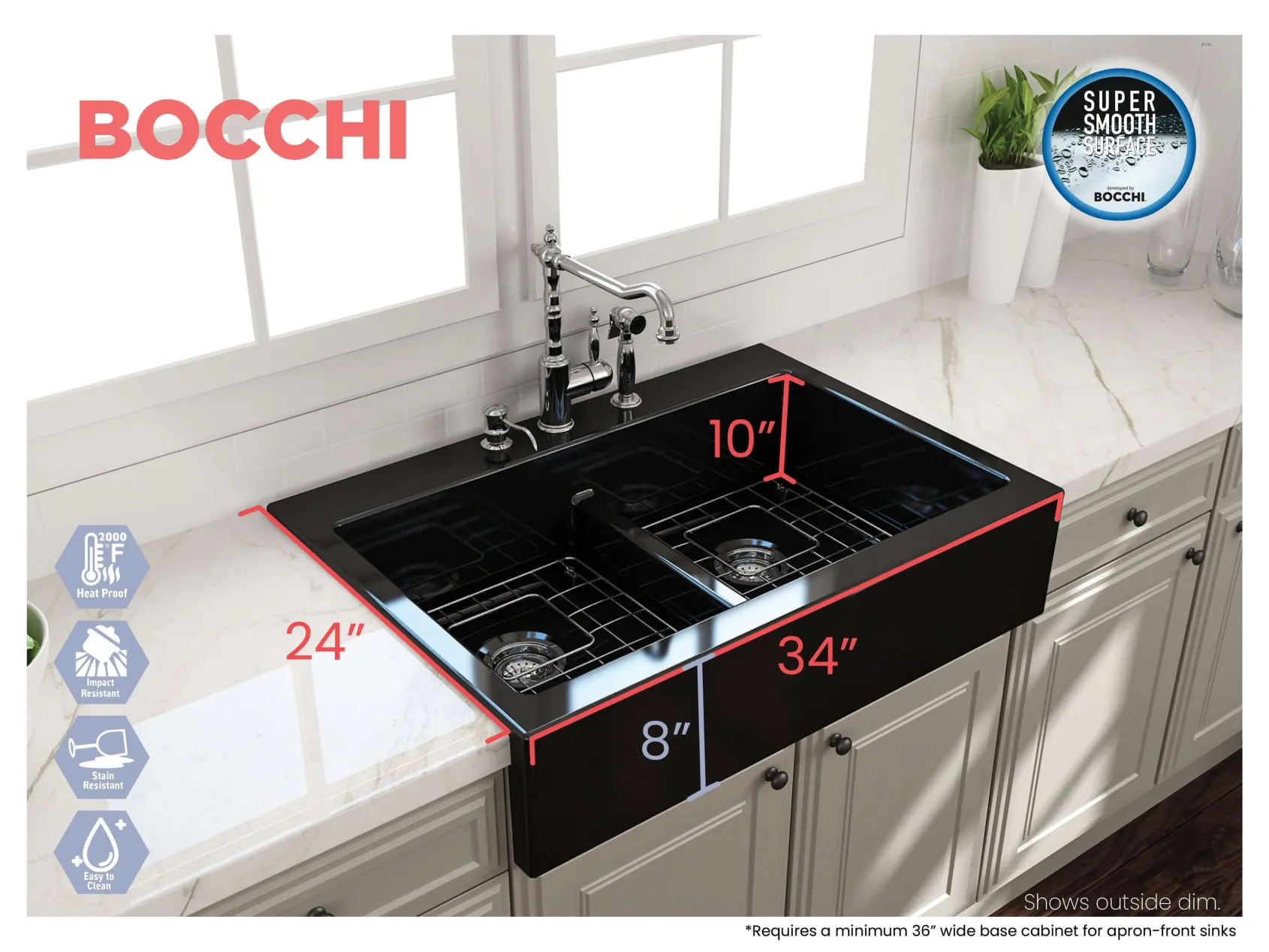 BOCCHI Nuova 34" Fireclay Retrofit Drop-In Farmhouse Sink with Accessories, 50/50 Double Bowl, Black, 1501-005-0127