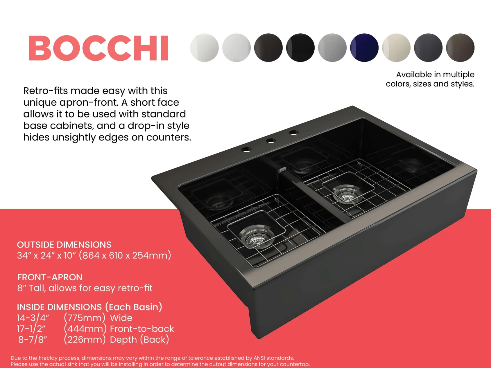 BOCCHI Nuova 34" Fireclay Retrofit Drop-In Farmhouse Sink with Accessories, 50/50 Double Bowl, Black, 1501-005-0127