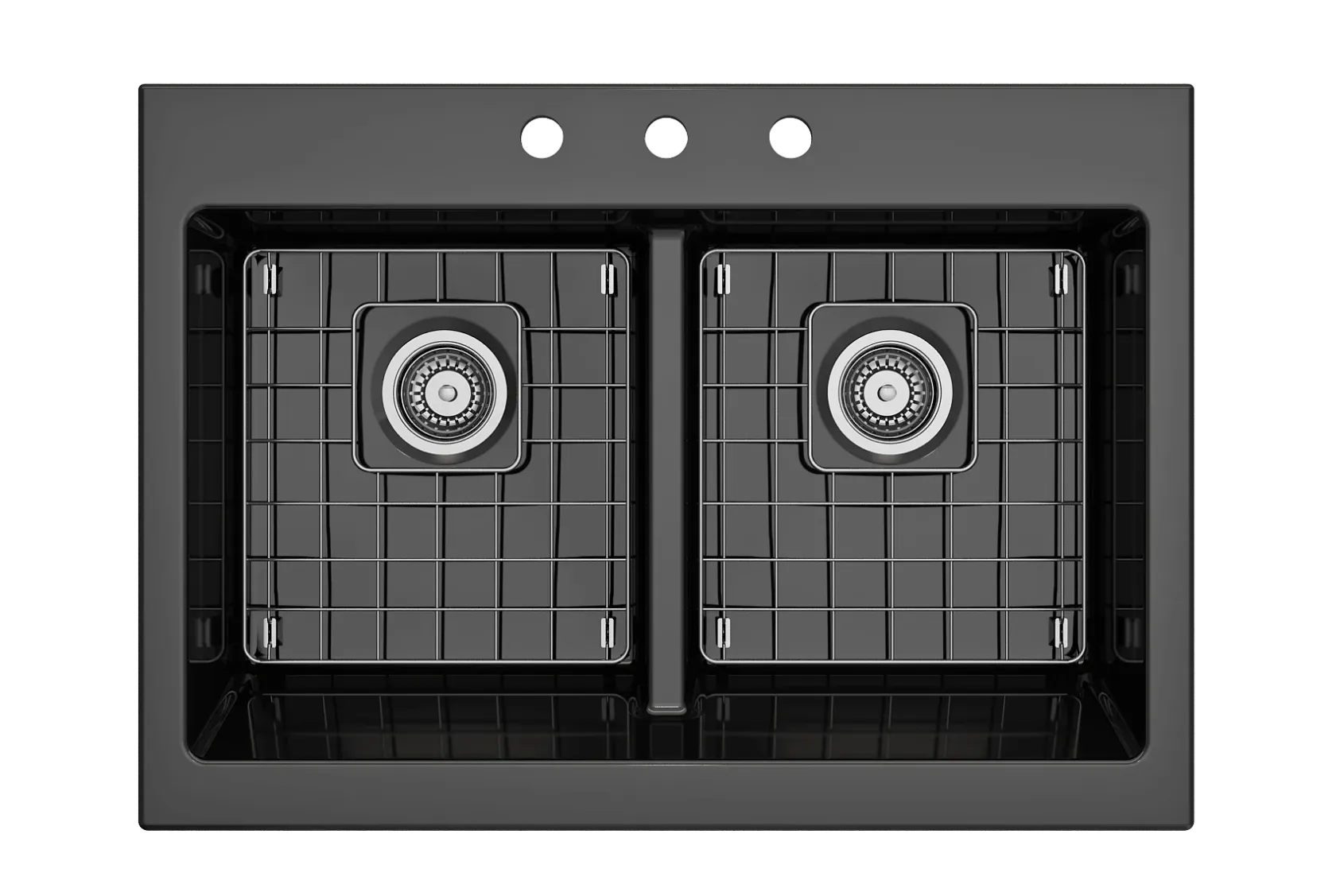 BOCCHI Nuova 34" Fireclay Retrofit Drop-In Farmhouse Sink with Accessories, 50/50 Double Bowl, Black, 1501-005-0127