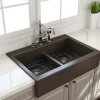 BOCCHI Nuova 34" Fireclay Retrofit Drop-In Farmhouse Sink with Accessories, 50/50 Double Bowl, Matte Brown, 1501-025-0127