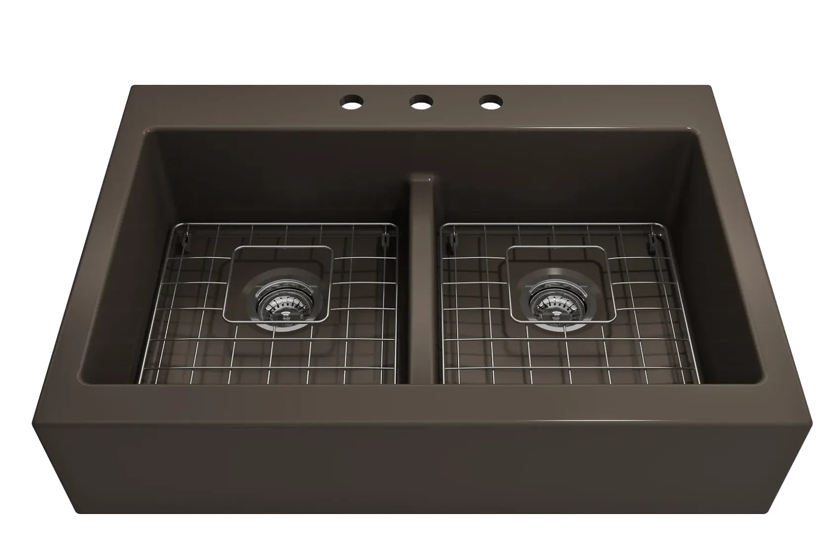 BOCCHI Nuova 34" Fireclay Retrofit Drop-In Farmhouse Sink with Accessories, 50/50 Double Bowl, Matte Brown, 1501-025-0127