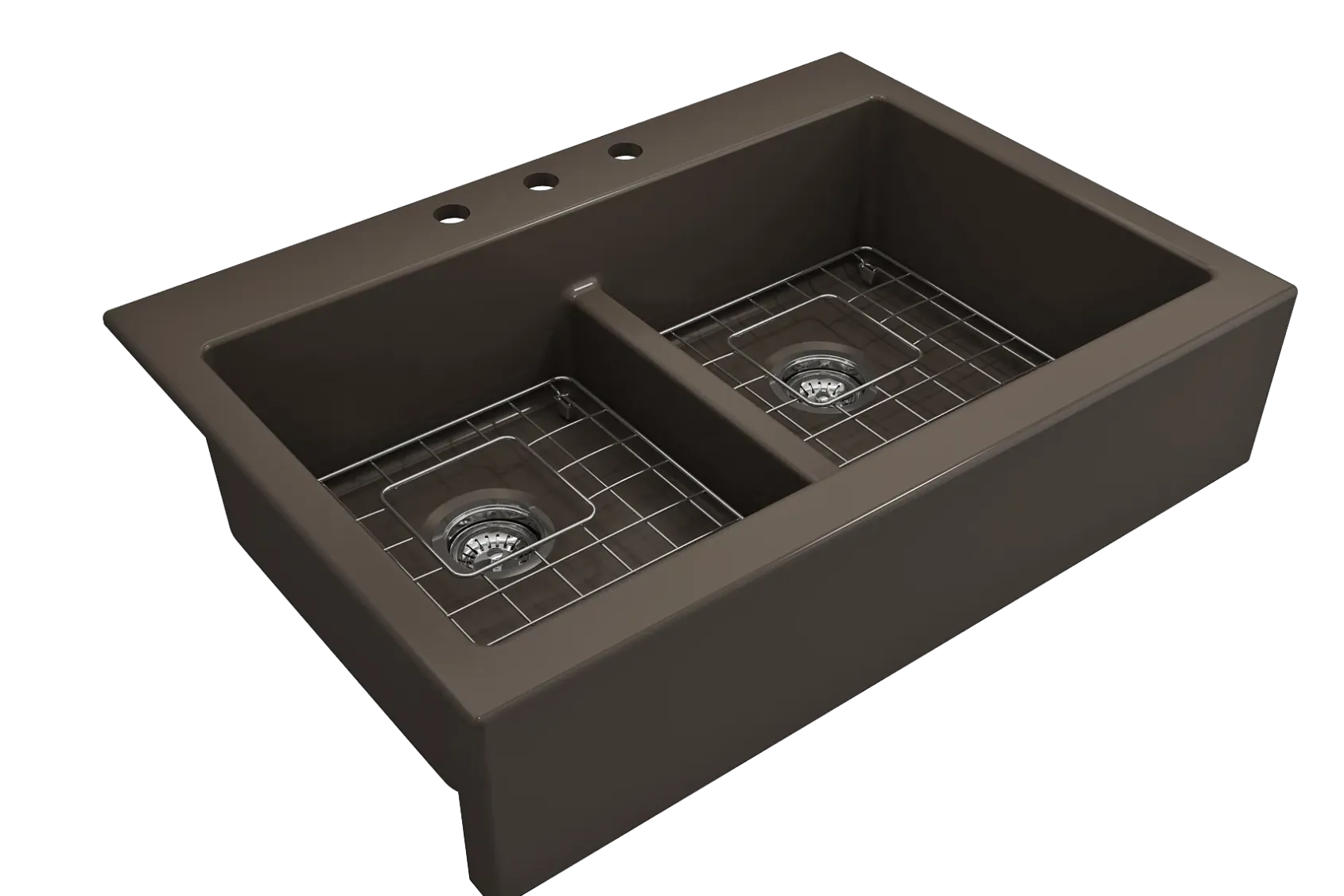 BOCCHI Nuova 34" Fireclay Retrofit Drop-In Farmhouse Sink with Accessories, 50/50 Double Bowl, Matte Brown, 1501-025-0127