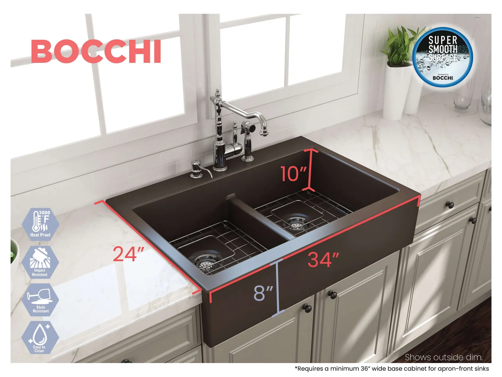 BOCCHI Nuova 34" Fireclay Retrofit Drop-In Farmhouse Sink with Accessories, 50/50 Double Bowl, Matte Brown, 1501-025-0127