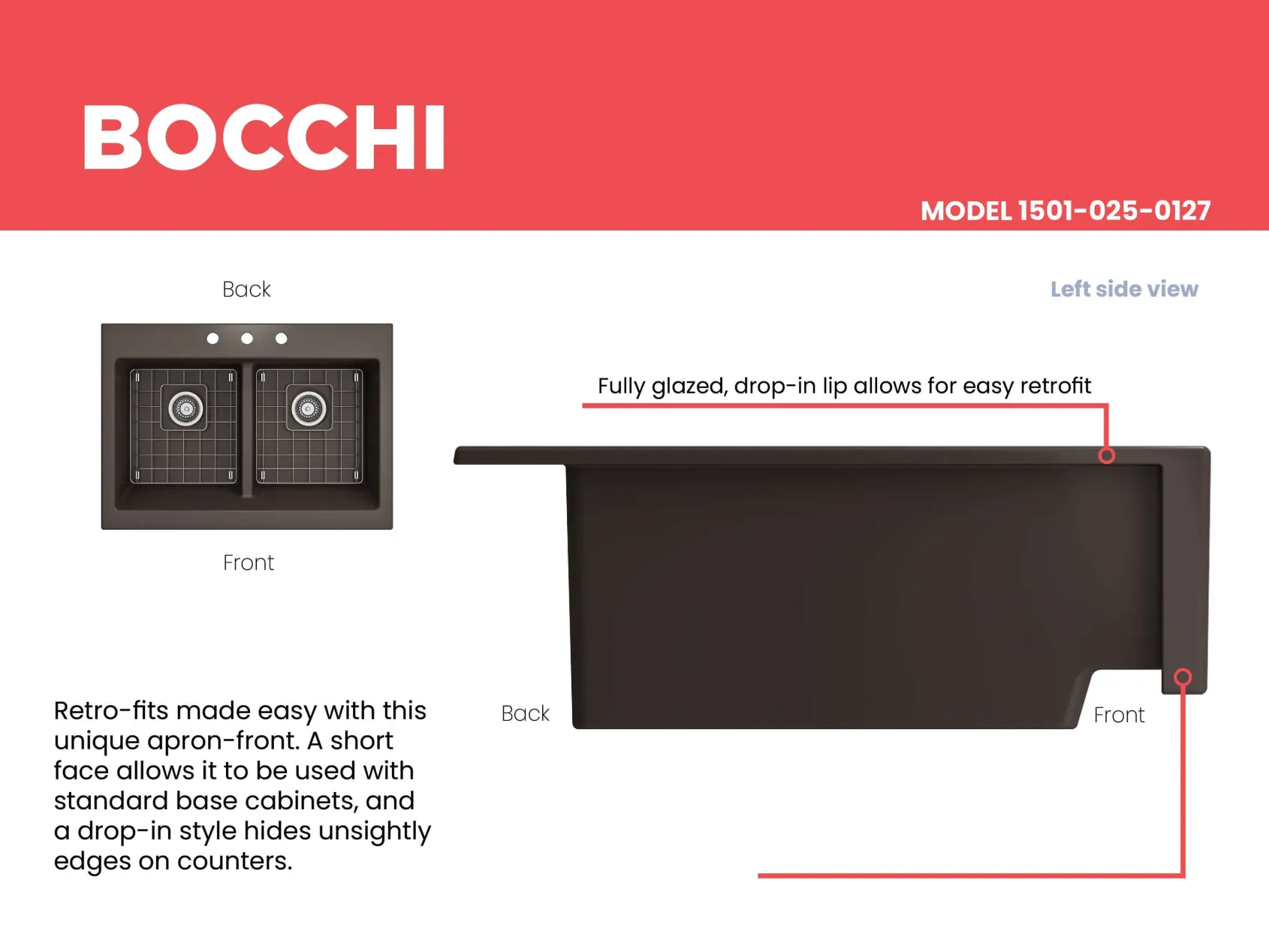 BOCCHI Nuova 34" Fireclay Retrofit Drop-In Farmhouse Sink with Accessories, 50/50 Double Bowl, Matte Brown, 1501-025-0127
