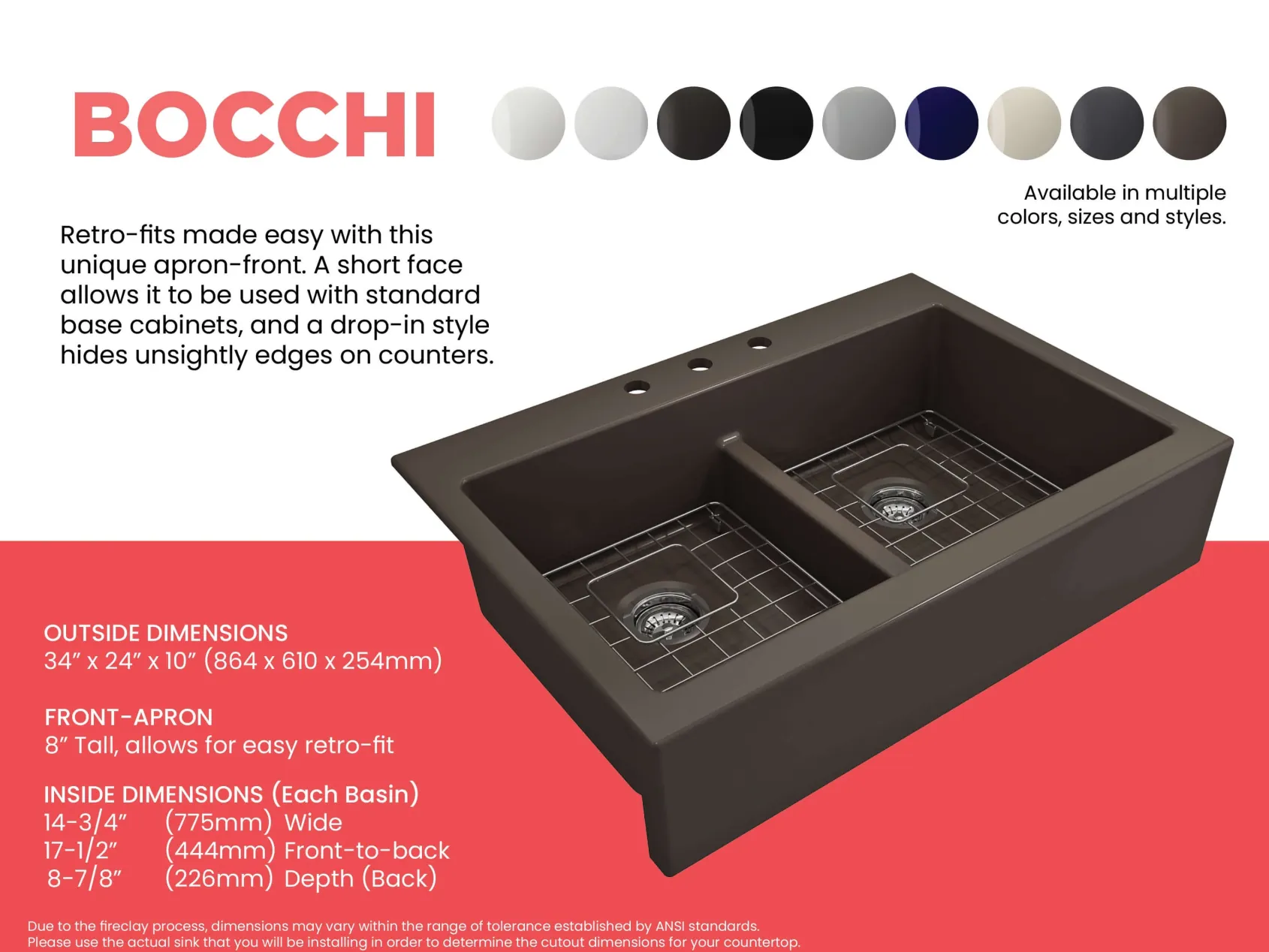 BOCCHI Nuova 34" Fireclay Retrofit Drop-In Farmhouse Sink with Accessories, 50/50 Double Bowl, Matte Brown, 1501-025-0127