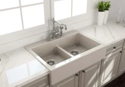 BOCCHI Nuova 34" Fireclay Retrofit Drop-In Farmhouse Sink with Accessories, 50/50 Double Bowl, Biscuit, 1501-014-0127