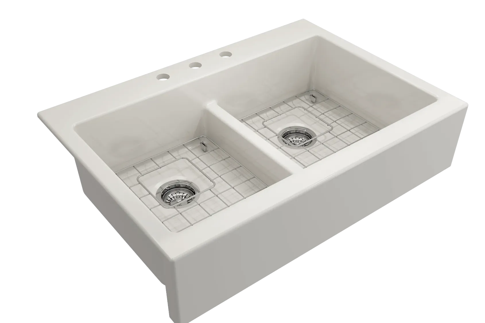 BOCCHI Nuova 34" Fireclay Retrofit Drop-In Farmhouse Sink with Accessories, 50/50 Double Bowl, Biscuit, 1501-014-0127