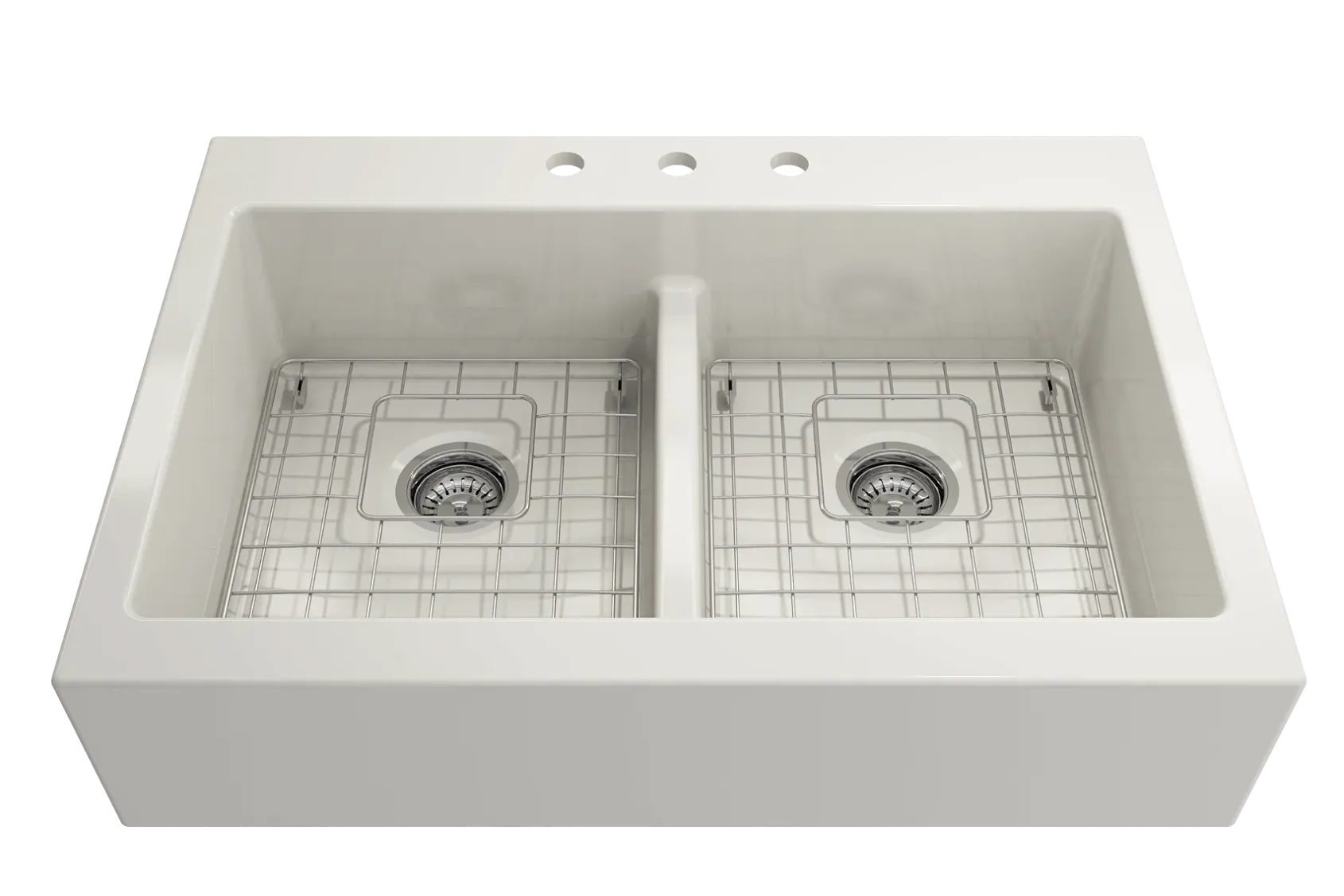BOCCHI Nuova 34" Fireclay Retrofit Drop-In Farmhouse Sink with Accessories, 50/50 Double Bowl, Biscuit, 1501-014-0127