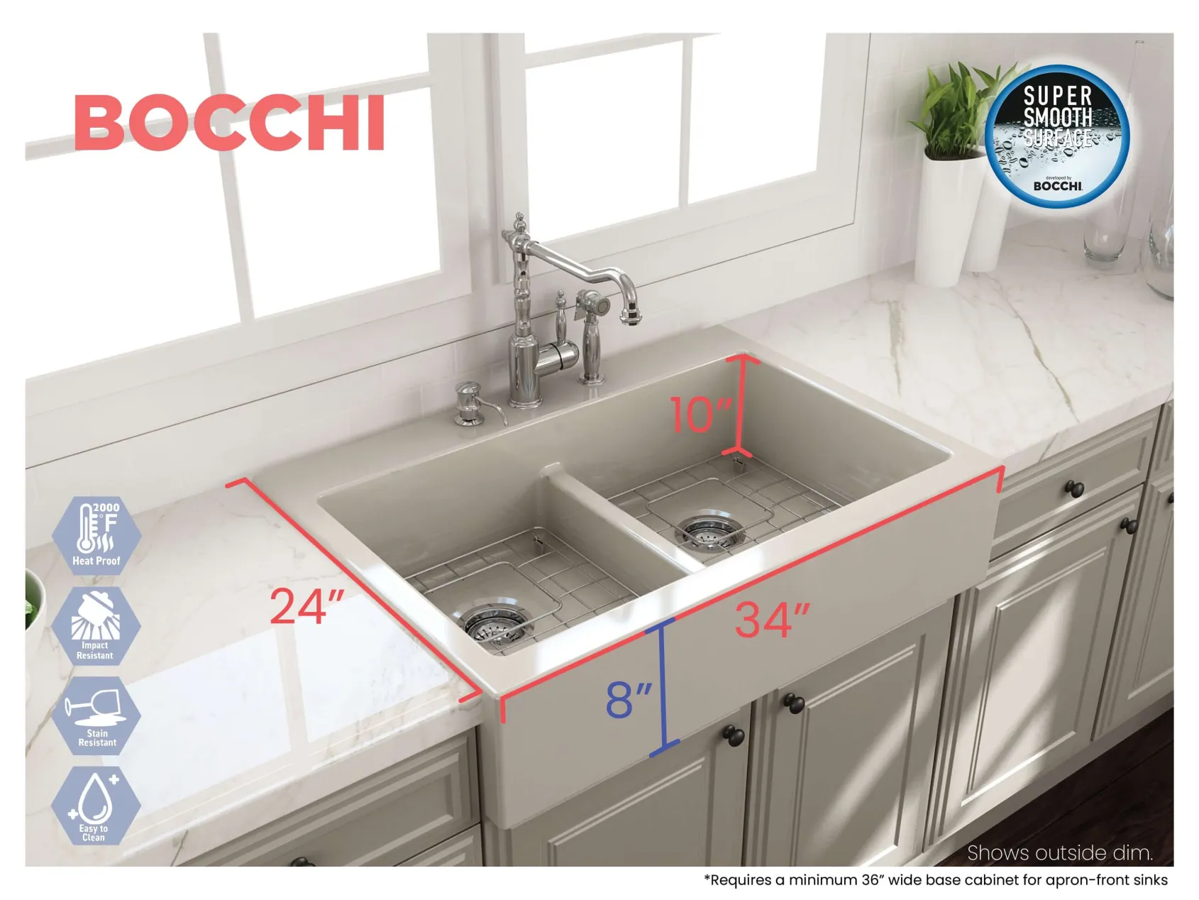 BOCCHI Nuova 34" Fireclay Retrofit Drop-In Farmhouse Sink with Accessories, 50/50 Double Bowl, Biscuit, 1501-014-0127