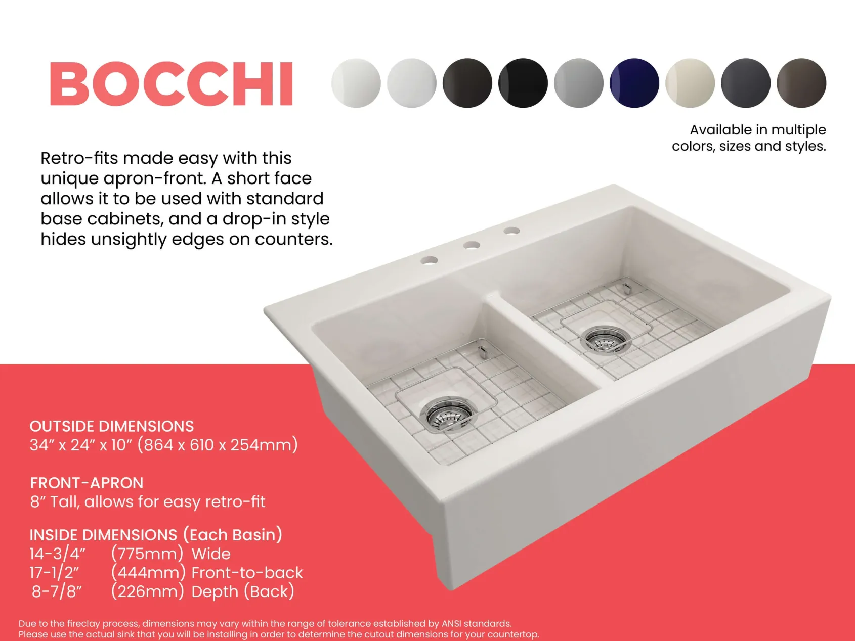 BOCCHI Nuova 34" Fireclay Retrofit Drop-In Farmhouse Sink with Accessories, 50/50 Double Bowl, Biscuit, 1501-014-0127