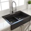 BOCCHI Nuova 34" Fireclay Retrofit Drop-In Farmhouse Sink with Accessories, 50/50 Double Bowl, Matte Black, 1501-004-0127