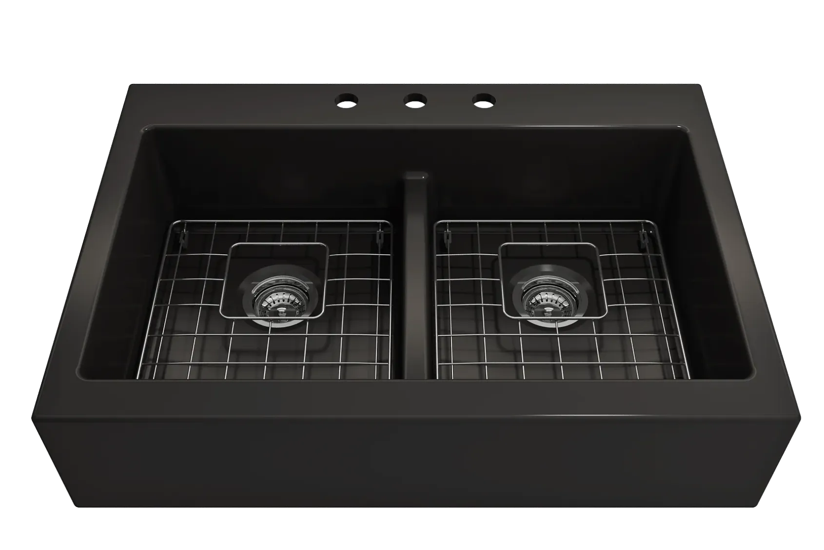 BOCCHI Nuova 34" Fireclay Retrofit Drop-In Farmhouse Sink with Accessories, 50/50 Double Bowl, Matte Black, 1501-004-0127