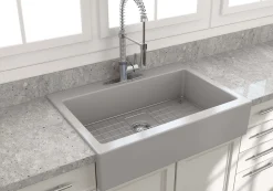 BOCCHI Nuova 34" Fireclay Retrofit Drop-In Farmhouse Sink with Accessories, Matte Gray, 1500-006-0127