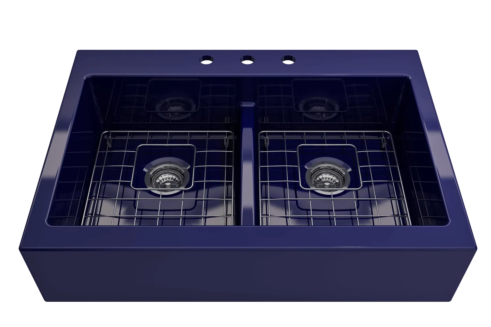 BOCCHI Nuova 34" Fireclay Retrofit Drop-In Farmhouse Sink with Accessories, 50/50 Double Bowl, Sapphire Blue, 1501-010-0127