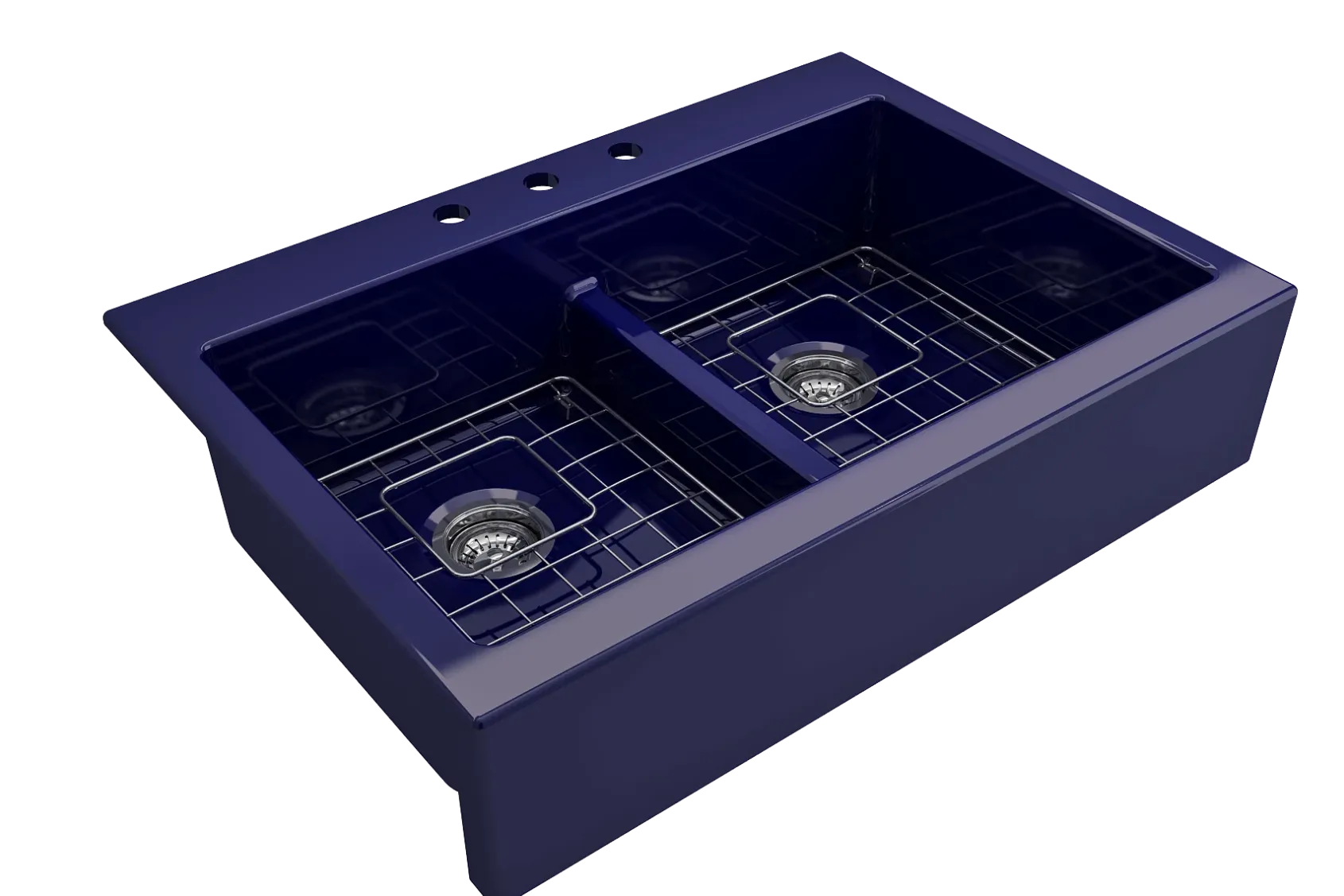 BOCCHI Nuova 34" Fireclay Retrofit Drop-In Farmhouse Sink with Accessories, 50/50 Double Bowl, Sapphire Blue, 1501-010-0127