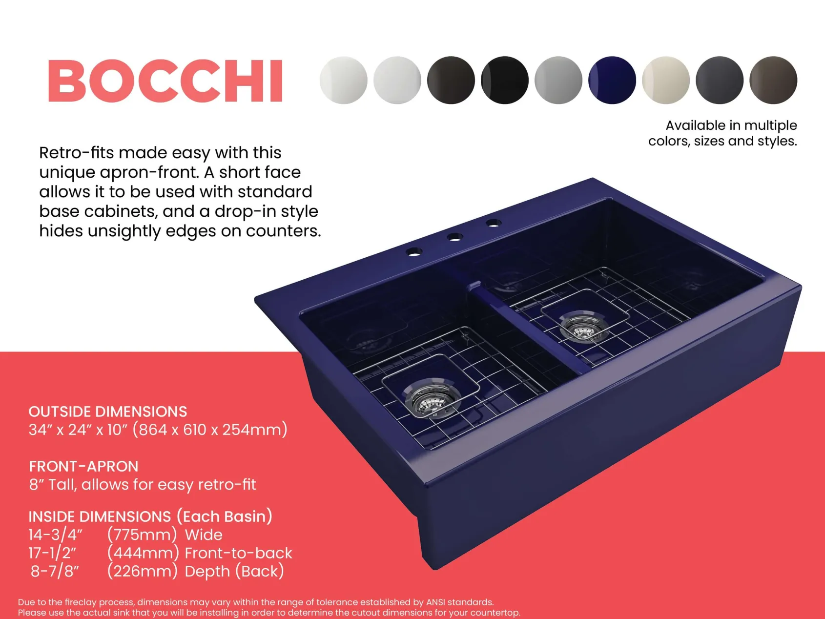 BOCCHI Nuova 34" Fireclay Retrofit Drop-In Farmhouse Sink with Accessories, 50/50 Double Bowl, Sapphire Blue, 1501-010-0127
