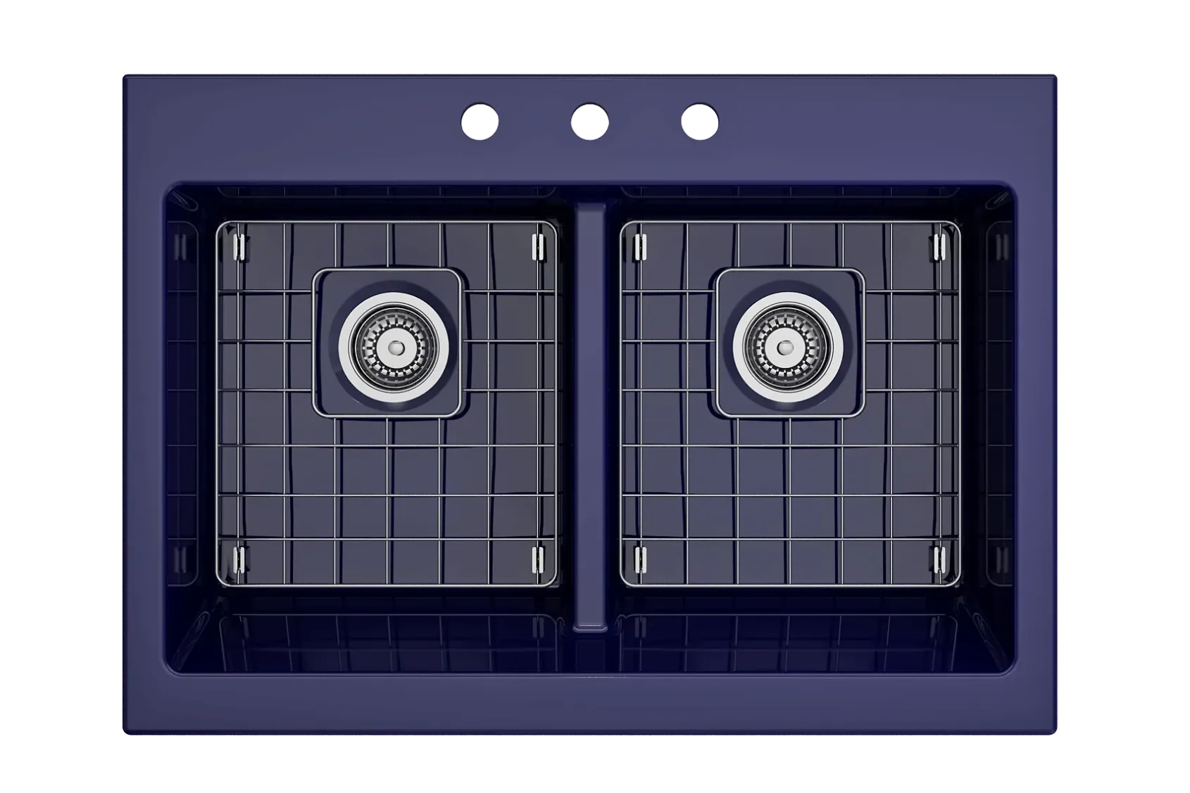 BOCCHI Nuova 34" Fireclay Retrofit Drop-In Farmhouse Sink with Accessories, 50/50 Double Bowl, Sapphire Blue, 1501-010-0127