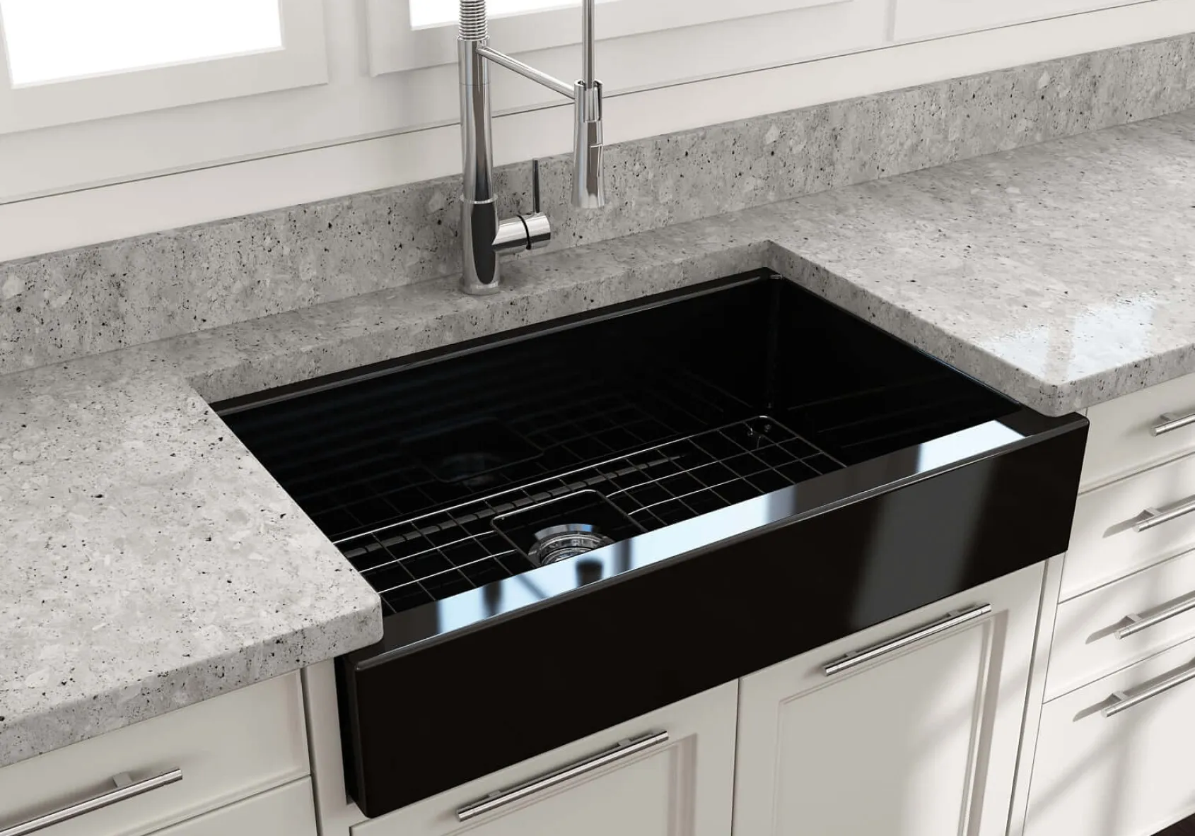 BOCCHI Nuova 34" Fireclay Retrofit Farmhouse Sink with Accessories, Black, 1551-005-0120