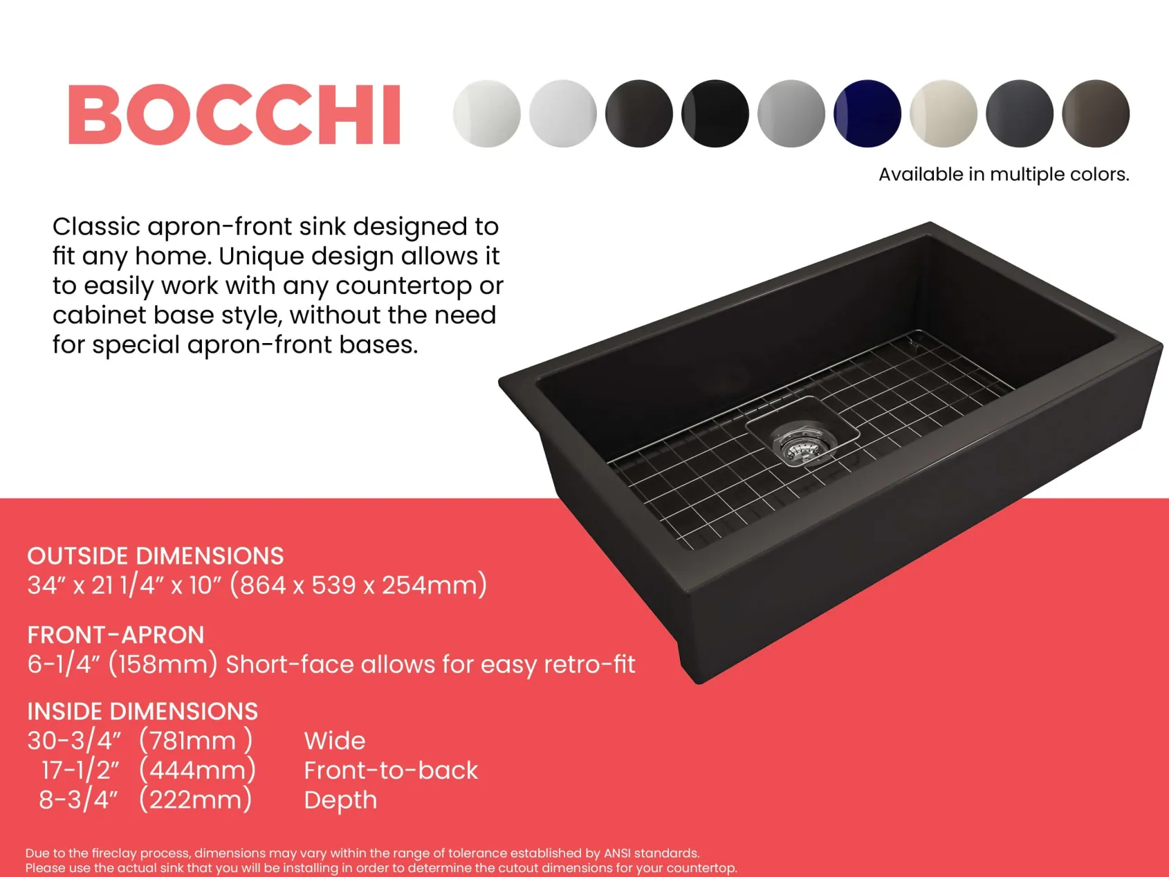 BOCCHI Nuova 34" Fireclay Retrofit Farmhouse Sink with Accessories, Black, 1551-005-0120