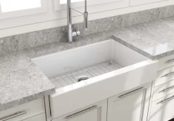 BOCCHI Nuova 34" Fireclay Retrofit Farmhouse Sink with Accessories, White, 1551-001-0120