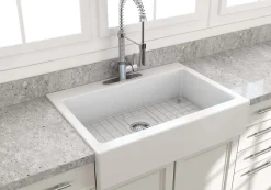 BOCCHI Nuova 34" Fireclay Retrofit Drop-In Farmhouse Sink with Accessories, Matte White, 1500-002-0127
