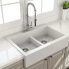 BOCCHI Nuova 34" Fireclay Retrofit Drop-In Farmhouse Sink with Accessories, 50/50 Double Bowl, Matte White, 1501-002-0127