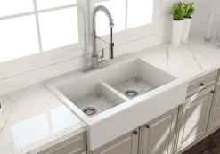 BOCCHI Nuova 34" Fireclay Retrofit Drop-In Farmhouse Sink with Accessories, 50/50 Double Bowl, Matte White, 1501-002-0127