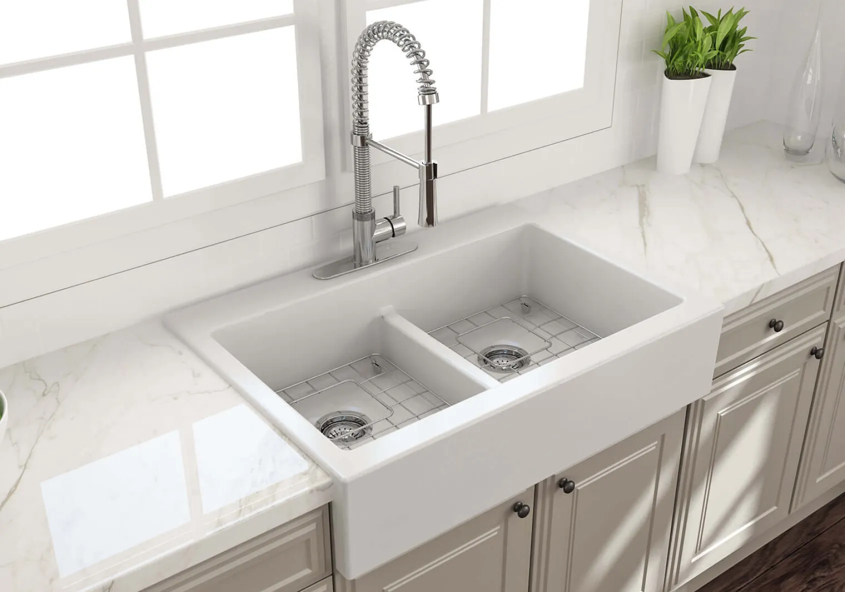 BOCCHI Nuova 34" Fireclay Retrofit Drop-In Farmhouse Sink with Accessories, 50/50 Double Bowl, Matte White, 1501-002-0127