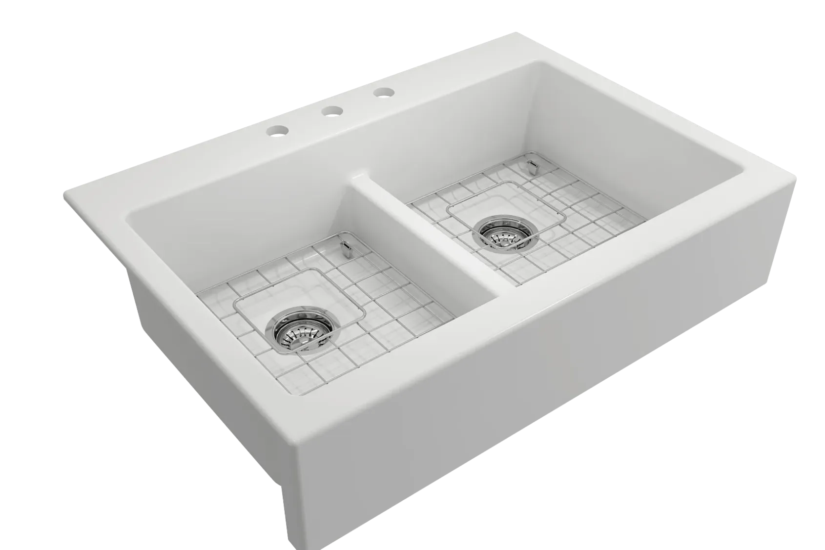 BOCCHI Nuova 34" Fireclay Retrofit Drop-In Farmhouse Sink with Accessories, 50/50 Double Bowl, Matte White, 1501-002-0127