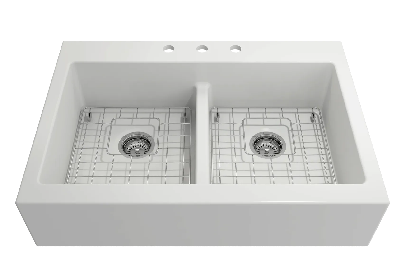 BOCCHI Nuova 34" Fireclay Retrofit Drop-In Farmhouse Sink with Accessories, 50/50 Double Bowl, Matte White, 1501-002-0127