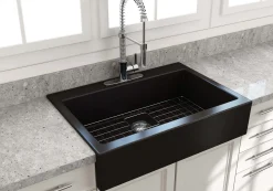 BOCCHI Nuova 34" Fireclay Retrofit Drop-In Farmhouse Sink with Accessories, Matte Black, 1500-004-0127