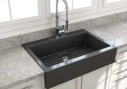 BOCCHI Nuova 34" Fireclay Retrofit Drop-In Farmhouse Sink with Accessories, Matte Dark Gray, 1500-020-0127