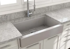 BOCCHI Nuova 34" Fireclay Retrofit Farmhouse Sink with Accessories, Matte Gray, 1551-006-0120