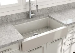 BOCCHI Nuova 34" Fireclay Retrofit Farmhouse Sink with Accessories, Biscuit, 1551-014-0120