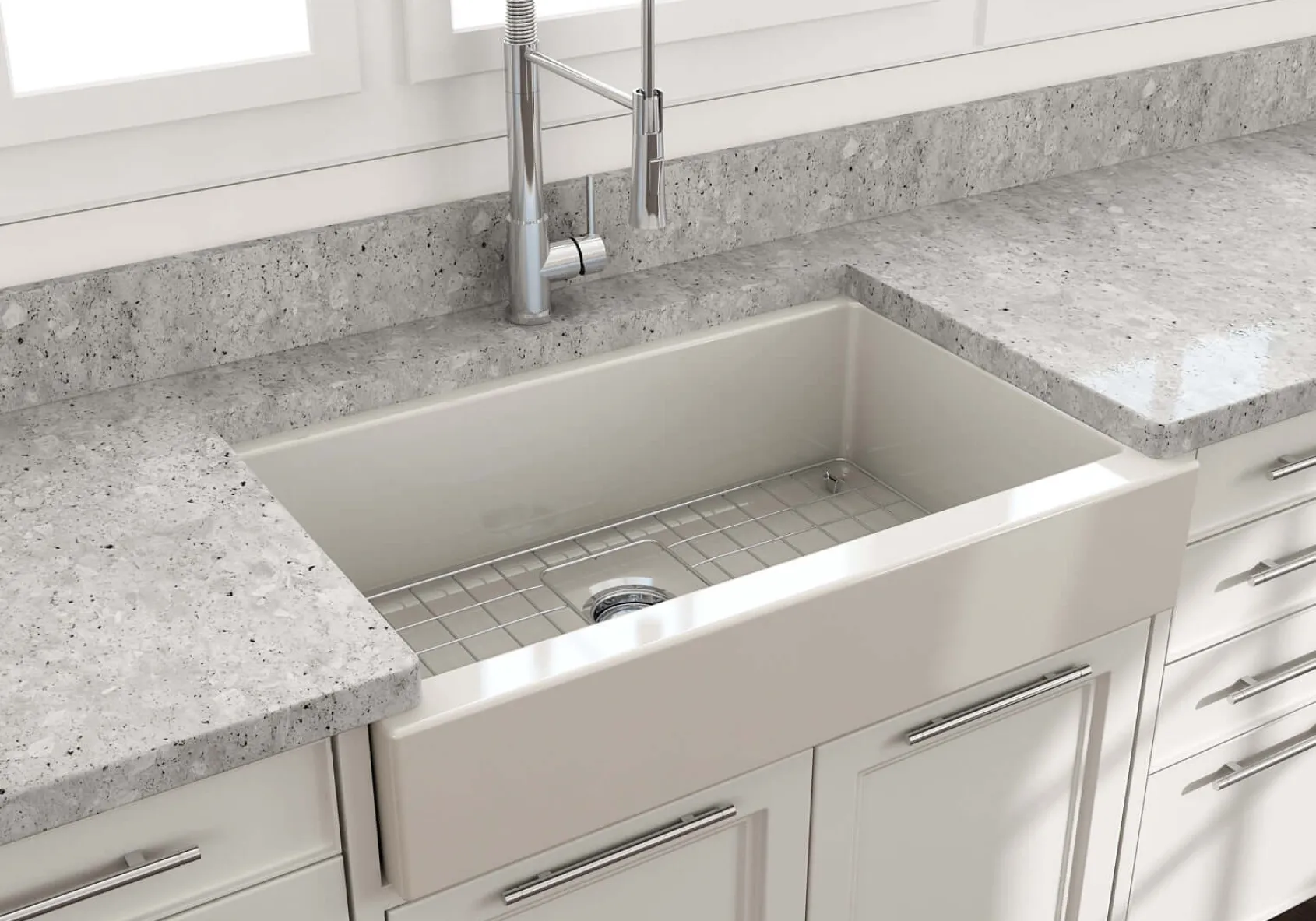 BOCCHI Nuova 34" Fireclay Retrofit Farmhouse Sink with Accessories, Biscuit, 1551-014-0120